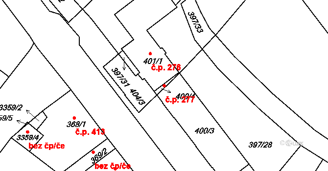 Pelhřimov 277 na parcele st. 400/3 v KÚ Pelhřimov, Katastrální mapa