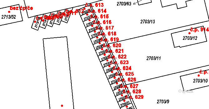 Pelhřimov 621 na parcele st. 2703/43 v KÚ Pelhřimov, Katastrální mapa