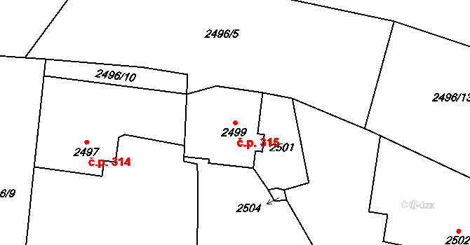 Jablunkov 315 na parcele st. 2499 v KÚ Jablunkov, Katastrální mapa