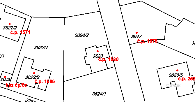 Horní Počernice 1580, Praha na parcele st. 3623 v KÚ Horní Počernice, Katastrální mapa