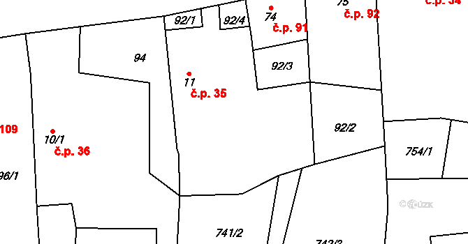 Dlouhá Lhota 35 na parcele st. 11 v KÚ Dlouhá Lhota u Dobříše, Katastrální mapa