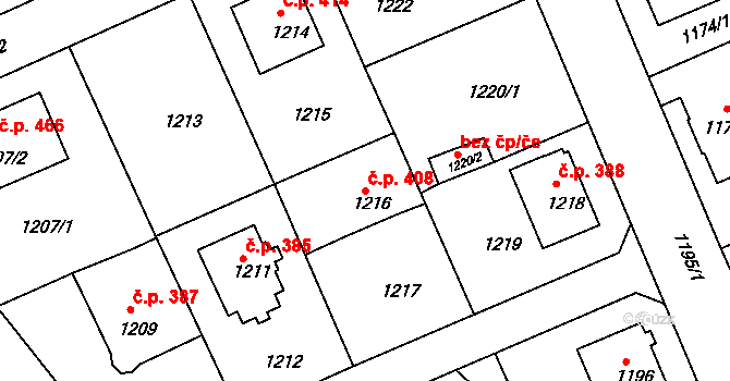 Liberec XI-Růžodol I 408, Liberec na parcele st. 1216 v KÚ Růžodol I, Katastrální mapa