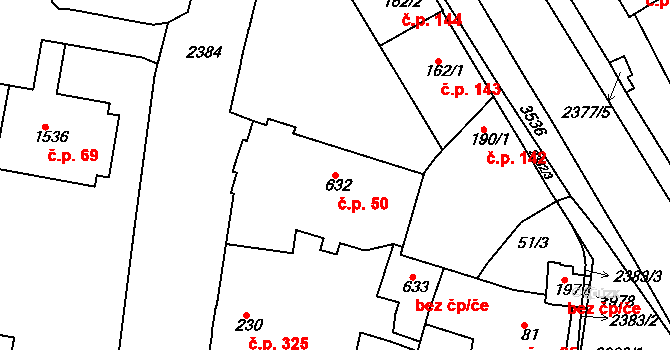 Rosice 50 na parcele st. 632 v KÚ Rosice u Brna, Katastrální mapa