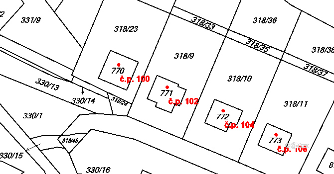 Rokytnice 102, Vsetín na parcele st. 771 v KÚ Rokytnice u Vsetína, Katastrální mapa
