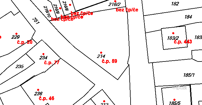 Červený Hrádek 59, Plzeň na parcele st. 214 v KÚ Červený Hrádek u Plzně, Katastrální mapa