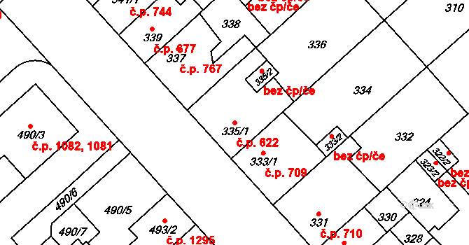 Doubravka 622, Plzeň na parcele st. 335/1 v KÚ Doubravka, Katastrální mapa