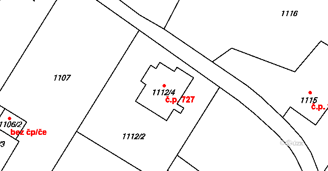 Vřesina 727 na parcele st. 1112/4 v KÚ Vřesina u Bílovce, Katastrální mapa