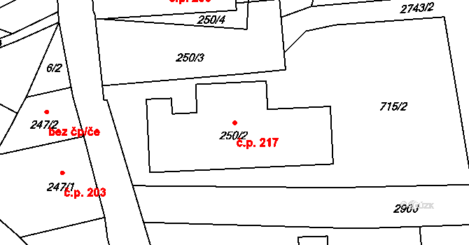 Dolní Lánov 217 na parcele st. 250/2 v KÚ Dolní Lánov, Katastrální mapa