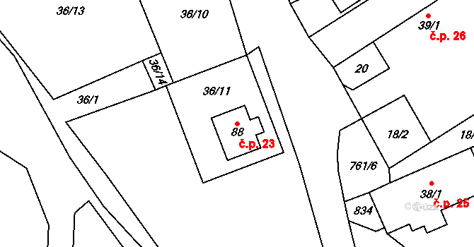 Javoří 23, Maletín na parcele st. 88 v KÚ Javoří u Maletína, Katastrální mapa