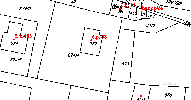 Teplýšovice 83 na parcele st. 187 v KÚ Teplýšovice, Katastrální mapa