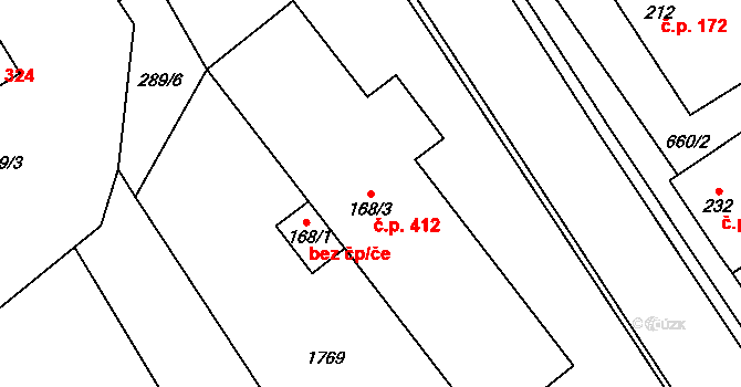 Brozany nad Ohří 412 na parcele st. 168/3 v KÚ Brozany nad Ohří, Katastrální mapa