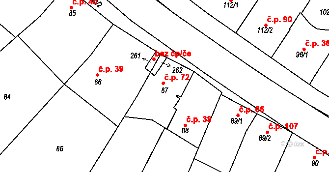 Milonice 72 na parcele st. 87 v KÚ Milonice, Katastrální mapa
