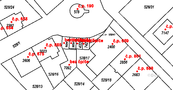 Třebíč 41717295 na parcele st. 7423 v KÚ Třebíč, Katastrální mapa
