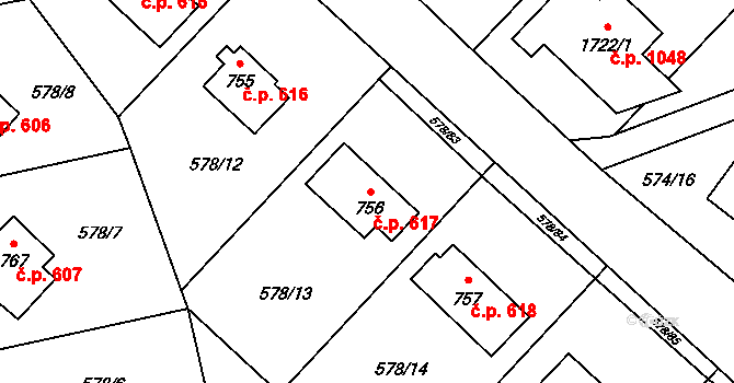Malenovice 617, Zlín na parcele st. 756 v KÚ Malenovice u Zlína, Katastrální mapa