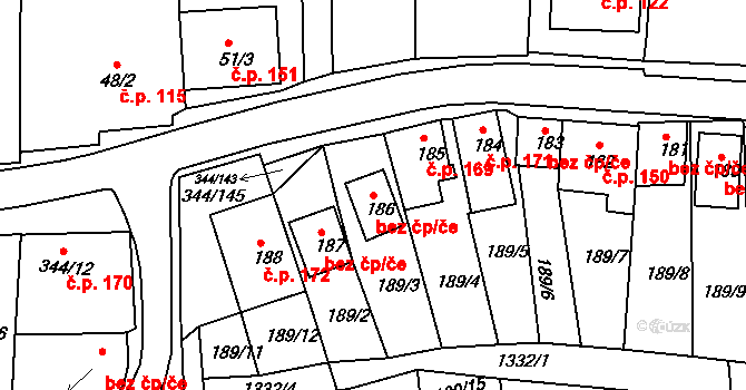 Milovice 49060295 na parcele st. 186 v KÚ Milovice u Mikulova, Katastrální mapa