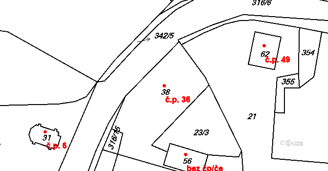 Brčekoly 36, Rosice na parcele st. 38 v KÚ Brčekoly, Katastrální mapa