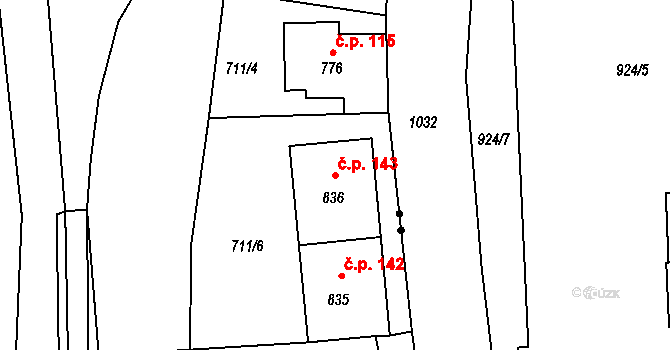 Olivětín 143, Broumov na parcele st. 836 v KÚ Broumov, Katastrální mapa