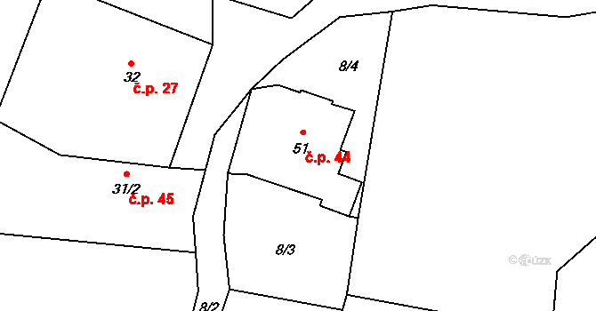 Rtyně 44, Zaloňov na parcele st. 51 v KÚ Rtyně, Katastrální mapa