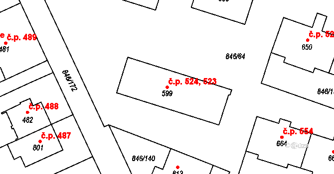 Lysice 523,524 na parcele st. 599 v KÚ Lysice, Katastrální mapa