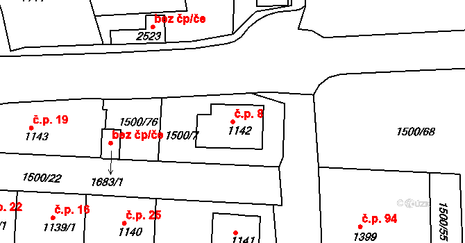 Nádražní Předměstí 8, Český Krumlov na parcele st. 1142 v KÚ Český Krumlov, Katastrální mapa