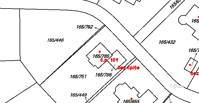 Pod Rohem 101, Jenišov na parcele st. 165/785 v KÚ Jenišov, Katastrální mapa