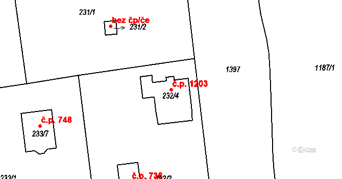 Vejprnice 1203 na parcele st. 232/4 v KÚ Vejprnice, Katastrální mapa