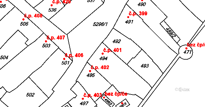 Znojmo 401 na parcele st. 494 v KÚ Znojmo-město, Katastrální mapa