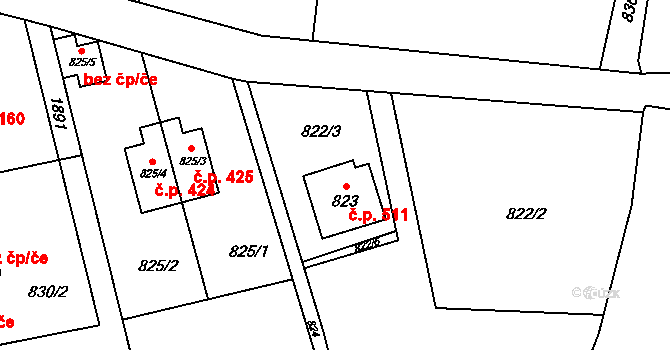 Sázava 511 na parcele st. 823 v KÚ Sázava, Katastrální mapa