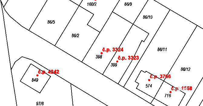 Jihlava 3324 na parcele st. 398 v KÚ Bedřichov u Jihlavy, Katastrální mapa