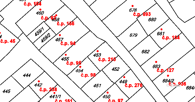 Lužice 215 na parcele st. 453 v KÚ Lužice u Hodonína, Katastrální mapa