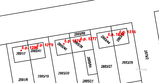 Dubňany 1277 na parcele st. 2885/39 v KÚ Dubňany, Katastrální mapa