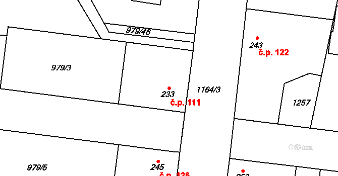Volárna 111 na parcele st. 233 v KÚ Volárna, Katastrální mapa