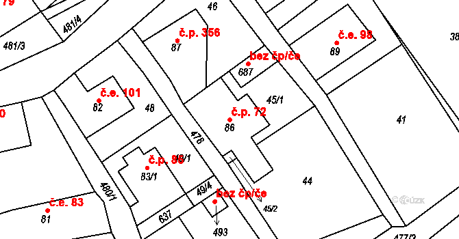 Nižbor 72 na parcele st. 86 v KÚ Nižbor, Katastrální mapa
