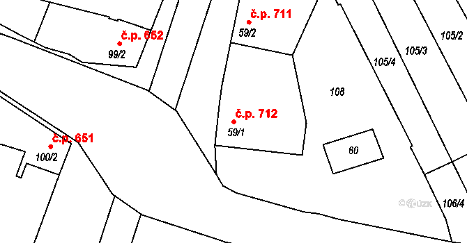Loučany 712 na parcele st. 59/1 v KÚ Loučany na Hané, Katastrální mapa