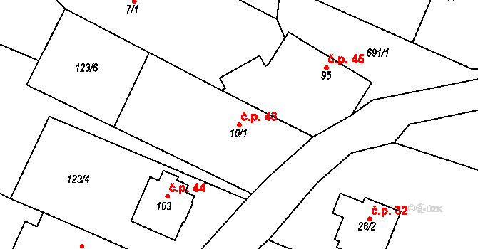 Milovice u Hořic 43 na parcele st. 10/1 v KÚ Milovice u Hořic, Katastrální mapa