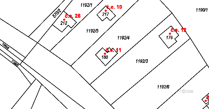 Hrádek 11 na parcele st. 180 v KÚ Hrádek u Jehnědí, Katastrální mapa
