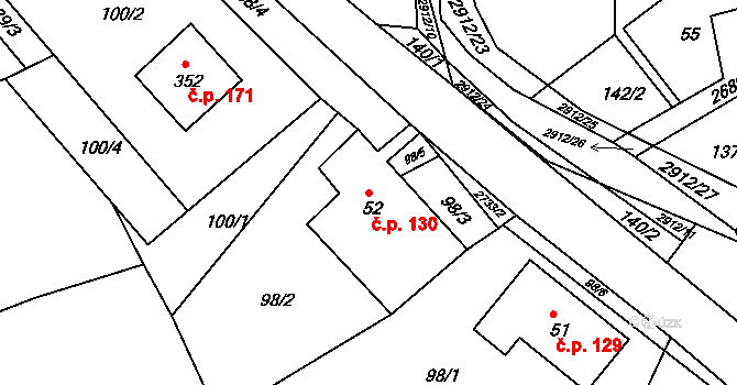 Korouhev 130 na parcele st. 52 v KÚ Korouhev, Katastrální mapa