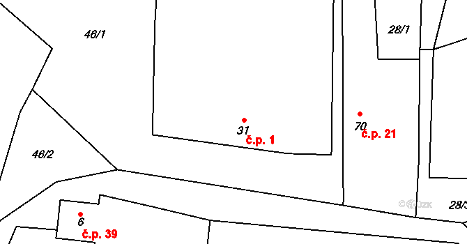 Holušice 1, Sedlice na parcele st. 31 v KÚ Holušice u Mužetic, Katastrální mapa