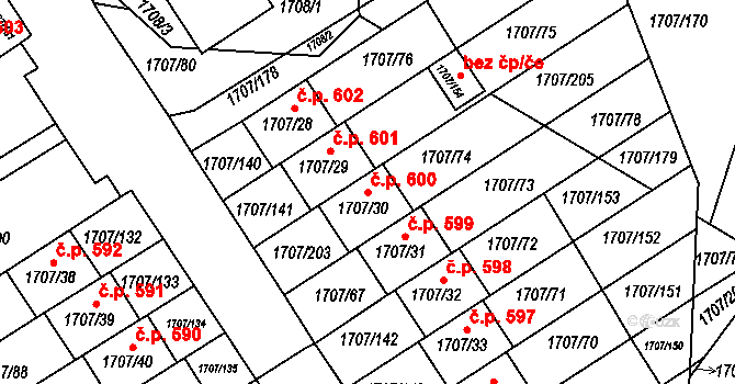 Miřetice u Klášterce nad Ohří 600, Klášterec nad Ohří na parcele st. 1707/30 v KÚ Miřetice u Klášterce nad Ohří, Katastrální mapa