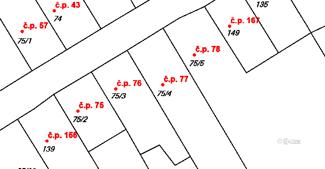 Luštěnice 77 na parcele st. 75/4 v KÚ Luštěnice, Katastrální mapa