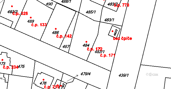 Čimice 172, Praha na parcele st. 484 v KÚ Čimice, Katastrální mapa