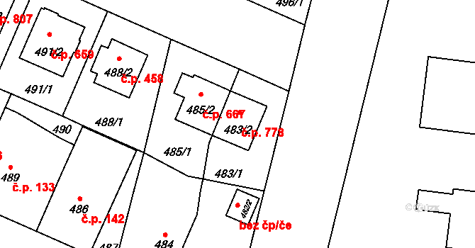 Čimice 778, Praha na parcele st. 483/2 v KÚ Čimice, Katastrální mapa
