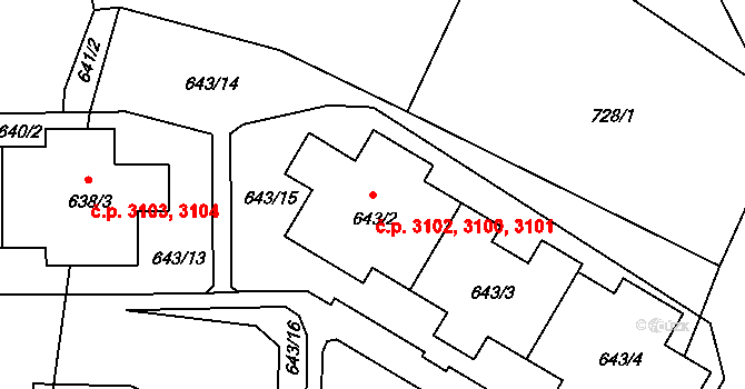 Záběhlice 3100,3101,3102, Praha na parcele st. 643/2 v KÚ Záběhlice, Katastrální mapa