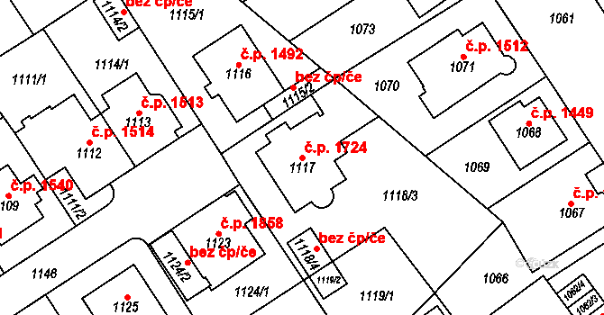 Chomutov 1724 na parcele st. 1117 v KÚ Chomutov I, Katastrální mapa