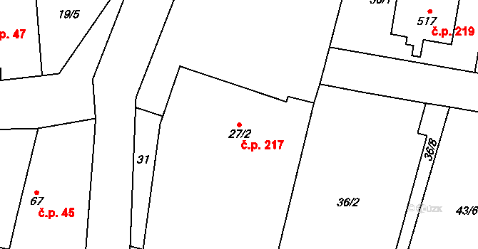 Kozojedy 217 na parcele st. 27/2 v KÚ Kozojedy u Kostelce nad Černými Lesy, Katastrální mapa
