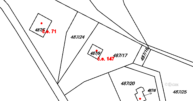 Kunětice 147 na parcele st. 487/9 v KÚ Kunětice, Katastrální mapa