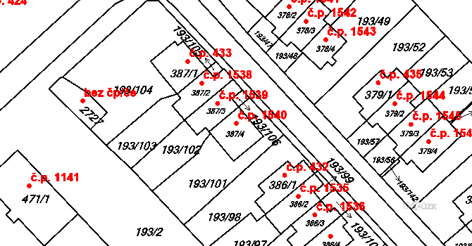 Sezimovo Ústí 1540 na parcele st. 387/4 v KÚ Sezimovo Ústí, Katastrální mapa