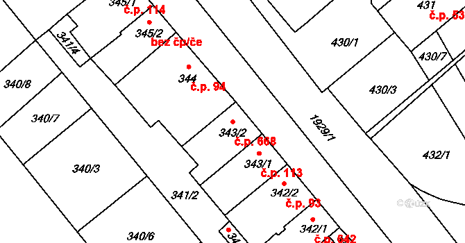 Zbýšov 668 na parcele st. 343/2 v KÚ Zbýšov u Oslavan, Katastrální mapa