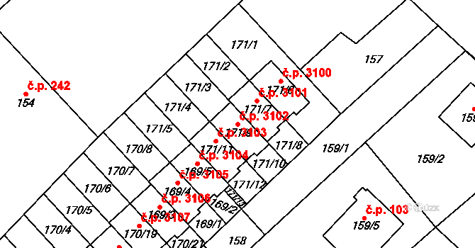 Milovice 3102 na parcele st. 171/9 v KÚ Milovice nad Labem, Katastrální mapa