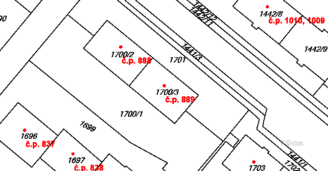 Jemnice 889 na parcele st. 1700/3 v KÚ Jemnice, Katastrální mapa
